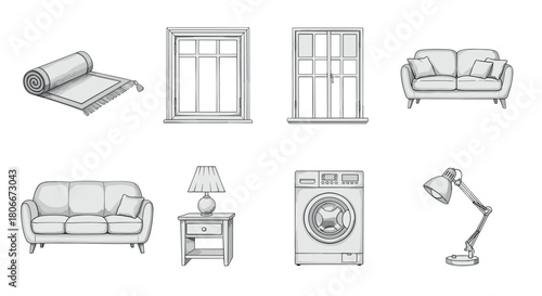 Minimalist home furniture and appliances in pencil sketch style