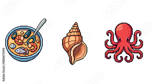 Pixel art sea life: seafood soup, shell, and octopus