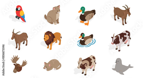 Isometric animals collection: farm, wild, and domestic creatures in playful style