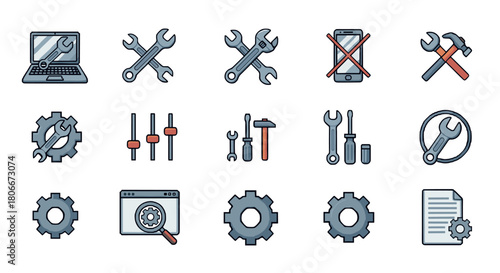 Set of flat repair and maintenance icons with tools and gear