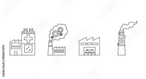 Linear industrial icons: factories, warehouses, and chimneys with gear clouds