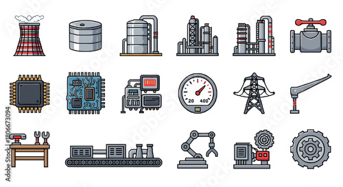 Industrial icons set featuring factories, machines, and tools in pixel art style