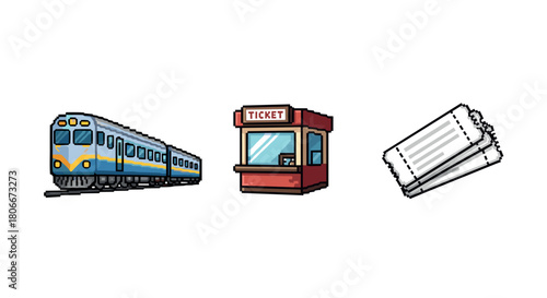 Pixel art train with ticket booth and tickets: retro transportation design