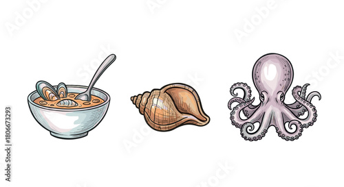 Nautical watercolor elements: bowl with seashells, spiral shell, and octopus