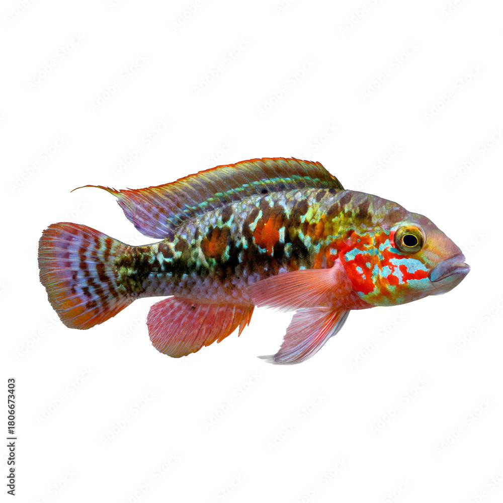 Fototapeta premium Colorful tropical cichlid fish swimming, transparent background