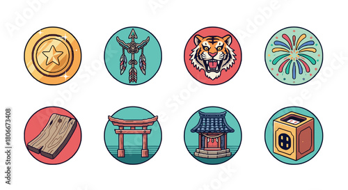 Colorful circle icons: nature, culture, and entertainment in cute cartoon style