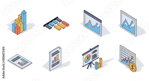 Isometric infographics with charts and graphs for business data visualization