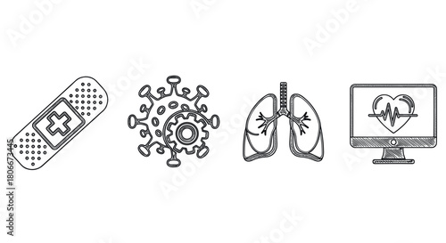Medical icons set featuring virus, lungs, and heartbeat on screen