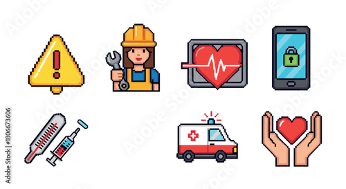Collection of pixel art icons featuring healthcare, technology, and construction themes