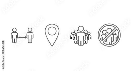 Minimalist outline icons: social distancing, location pin, group, no crowd sign