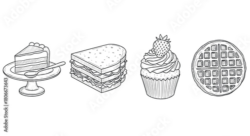 Hand-drawn desserts and sandwiches: artisanal cake, sandwich, cupcake, and pie sketches