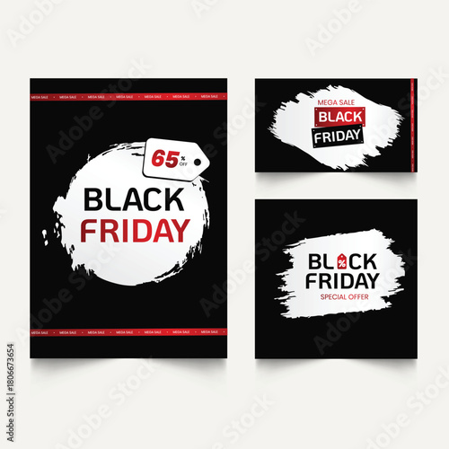 Black friday sale offer banner template. Set of design templates for a Black Friday sale, promotion, advertising, or social media ad with a red balloon, stars, and a discount offer