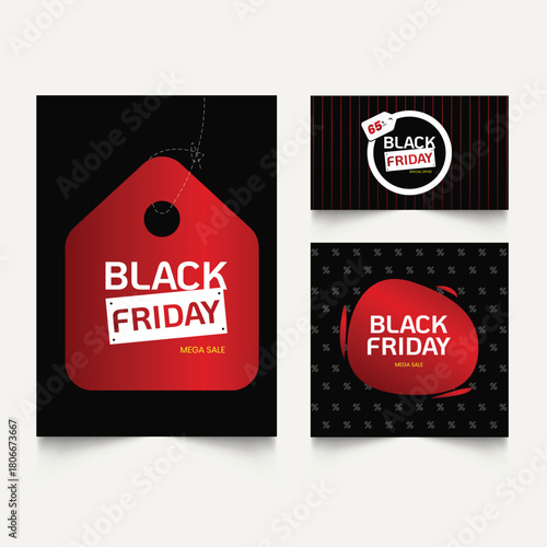 Black friday sale offer banner template. Set of design templates for a Black Friday sale, promotion, advertising, or social media ad with a red balloon, stars, and a discount offer