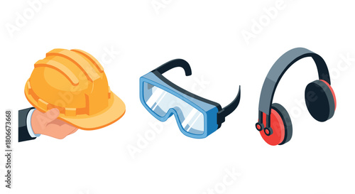 Safety equipment set featuring hard hat, safety glasses, and ear protection in isometric style