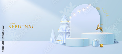 Holiday Christmas showcase white background with 3d podium and Christmas trees. Abstract minimal scene. Vector illustration
