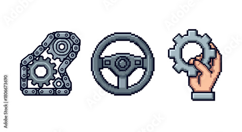Retro pixel art of automotive gear system with steering and hand holding cog