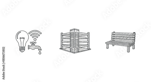 Smart city concepts with faucet, building, and bench in sketch style