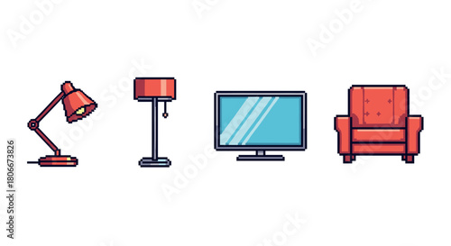 Pixel art home essentials: lamp, floor lamp, tv, and armchair set