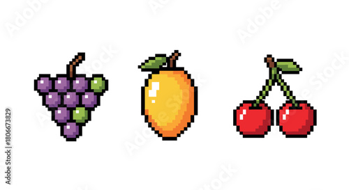 Colorful pixel art fruits: grapes, mango, and cherries on white background