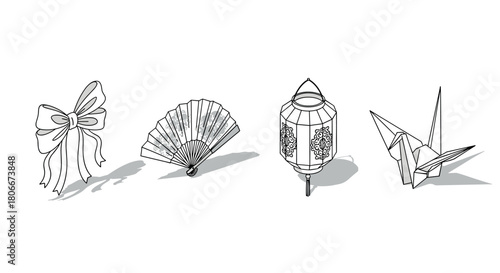 Elegant outline sketches: bow, fan, lantern, origami swan with shadows