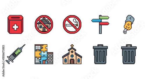 Colorful pixel art icons: health, directions, and community symbols