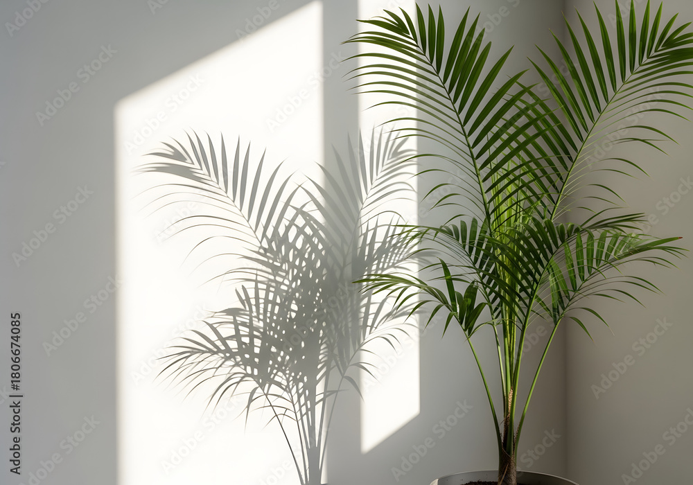 Fototapeta premium Green palm plant casting shadow on white wall with sunlight