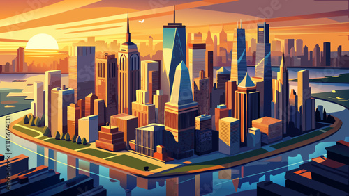 Very beautiful aerial panorama showcasing the Lower Manhattan skyline at sunset, viewed from above the Hudson River, with golden light illuminating skyscrapers and soft reflections shimmering on the w