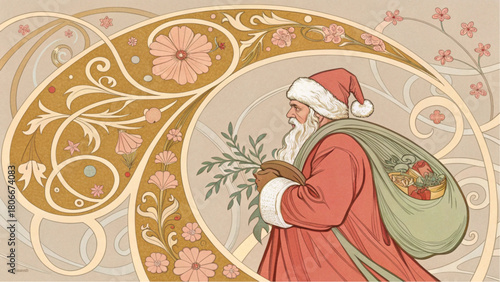 A gentle illustration in soft pastel tones of rose and beige shows Santa in his traditional coat, integrated with flowing, natural floral ornaments.