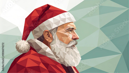 A modern, low-poly illustration in warm tones captures the profile of Santa Claus, emphasizing his white beard and red hat with sharp geometric facets