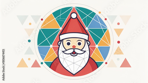 A friendly, stylized Santa face is placed over a background of complex, colorful geometric shapes, creating a modern, abstract festive design.