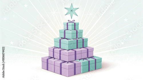 A clean, contemporary graphic design depicts gift boxes arranged into a tiered tree shape, topped with a glowing teal starburst