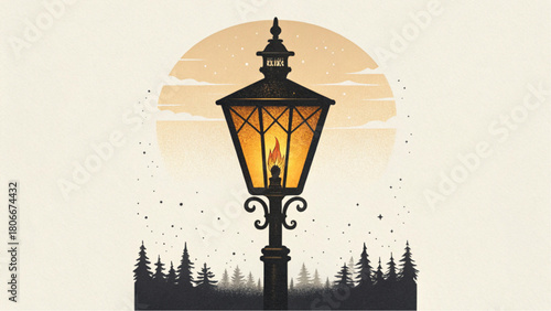 A stylized, retro illustration of a wrought-iron street lamp with a warm, flickering flame, silhouetted against a pale orange moon and starry sky