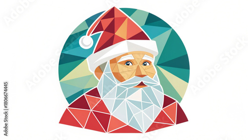 A modern, brightly colored illustration of Santa Claus is rendered in a low-poly style with geometric facets for his hat, beard, and face, set within a patterned circle
