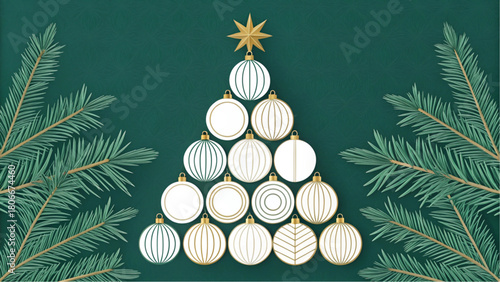This clean, modern graphic design features a pyramid-shaped arrangement of minimalist white and gold baubles, topped with a golden star