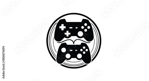 Two video game controllers facing each other inside a circular emblem, symbolizing competition and gaming.
