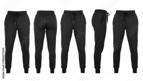 Collection of blank black joggers shown from multiple angles. Front, back, and side views of sports pants template for casual clothing design and apparel mockups
