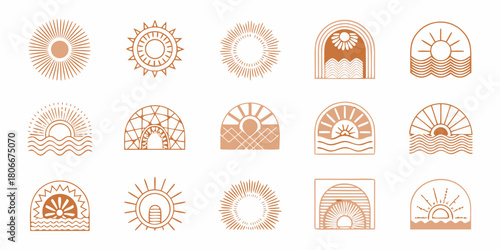 Set of boho sun and nature inspired logos and design elements on white background