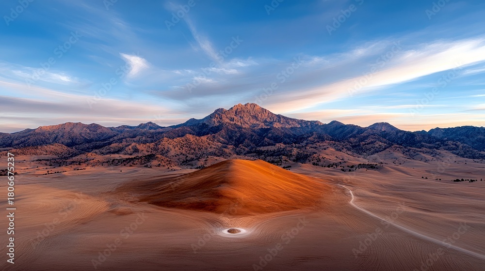 Fototapeta premium A vast desert landscape bathed in the warm light of sunrise, featuring a striking sand dune in the foreground and rugged mountains in the distance.
