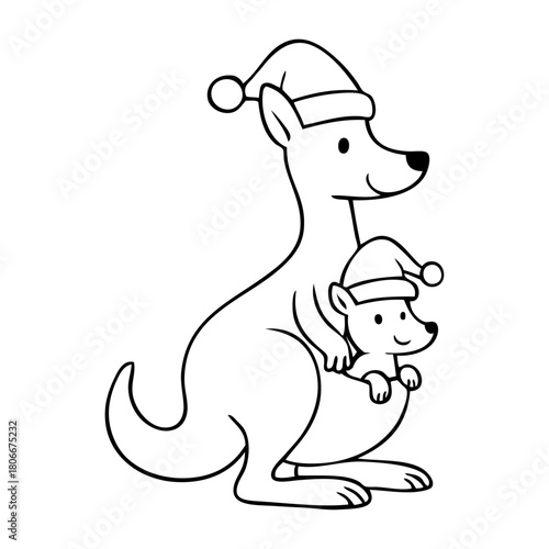 Dibujo sencillo con líneas de canguro hembra con su cría en la bolsa con sombrero de Santa Claus para tarjetas y felicitaciones de Navidad