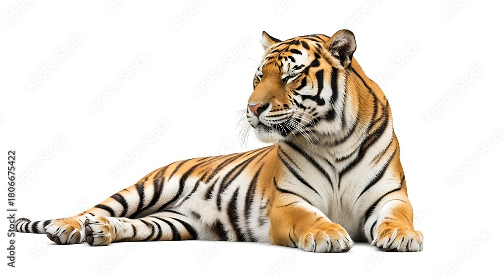 Obraz premium Majestic Bengal Tiger Resting, Isolated on White Background, Striking Portrait.