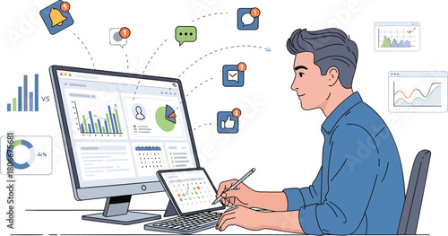 Man analyzing business data with charts and graphs