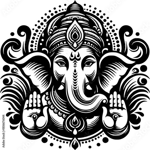 Ganesha - Divine: A detailed monochrome illustration of Ganesha, a central figure in the culture, radiates peace. The image showcases intricate patterns and symbolism associated with the deity.
