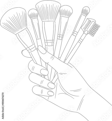 Hand holding collection of makeup brushes tools in line art style