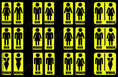 Collection of male and female restroom symbols featuring multiple man and woman sign styles for toilet and bathroom signage, restroom, toilet, w/c, washroom, vector, icons