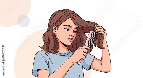 Young woman combs her hair with comb in beauty concept