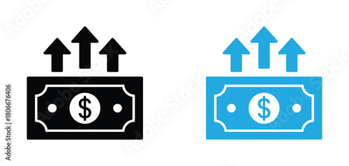 Money growth icon. Coin with increase arrow vector illustration. Profit and revenue rising up graph symbol. Finance and investment sign. Business earnings pictogram. Coin with arrow growth concept.