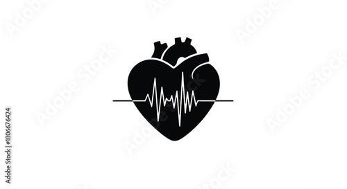 Stylized black heart with electrocardiogram pulse on white background, representing health and life.