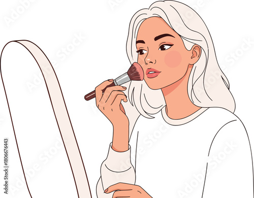 Woman applying blush with brush in front of mirror