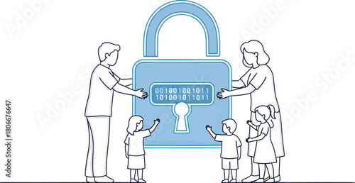 Family Protecting Their Data With Digital Padlock and Encryption