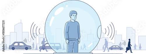 Man protected by bubble shield from noise pollution in city